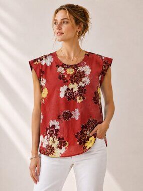 Ann Taylor Factory Floral Short Rolled Sleeve Blouse Brick Red Size M NWT
